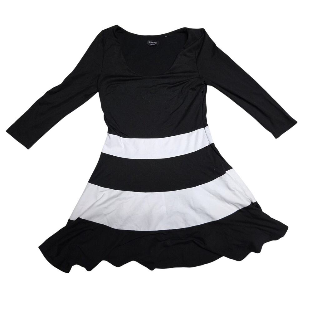 Bebe Black White Striped Fit & Flare Skater Dress Women Size Large RN 86017